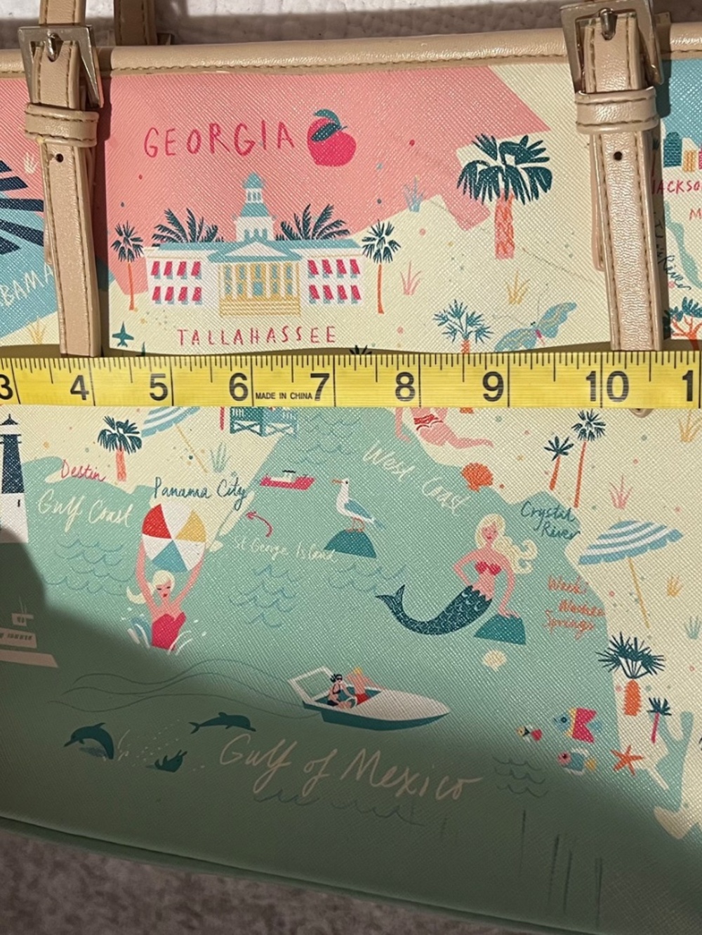 Spartina 449 Retired Florida Map Tote Mermaid Satin Ribbon Handles - Picture 5 of 17